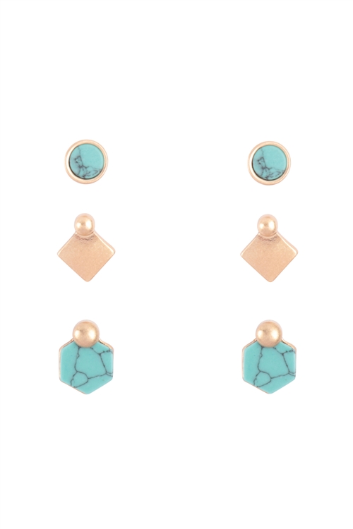 SA3-1-4-ME3117TQS - SEMI PRECIOUS STONE GEOMETRIC SHAPE STUD 3SET EARRINGS - TURQUOISE/1PC