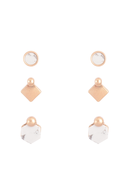 SA3-1-4-ME3117WHT - SEMI PRECIOUS STONE GEOMETRIC SHAPE STUD 3SET EARRINGS - WHITE/1PC