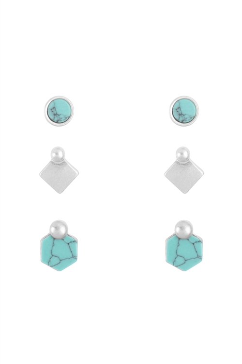 SA3-1-4-ME3117WS-TQS - SEMI PRECIOUS STONE GEOMETRIC SHAPE STUD 3SET EARRINGS - MATTE SILVER TURQUOSE/1PC