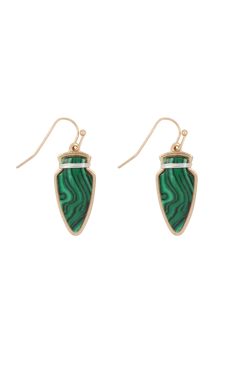 S23-4-4-ME3118GRN-ARROW HEAD SEMI PRECIOUS STONE EARRINGS-GREEN/6PCS