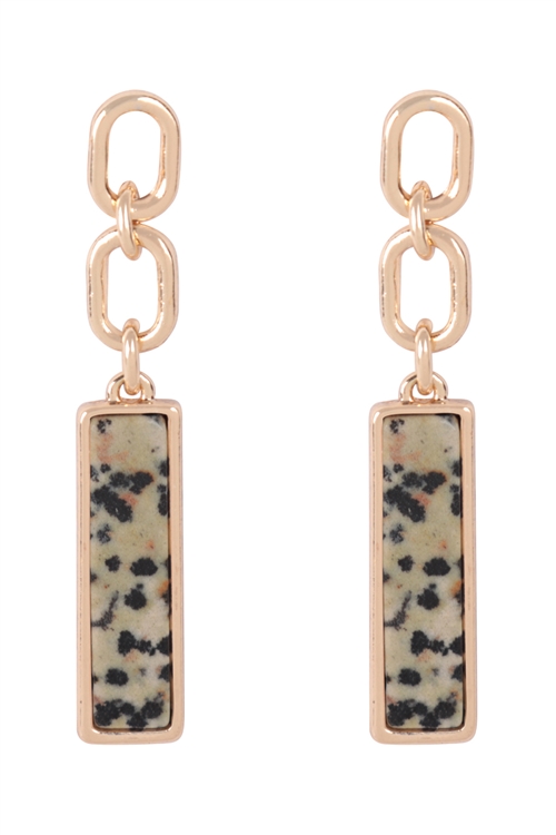 S7-4-5-ME3126DAL - NATURAL STONE DROP CHAIN BAR EARRINGS - DALMATIAN/6PCS