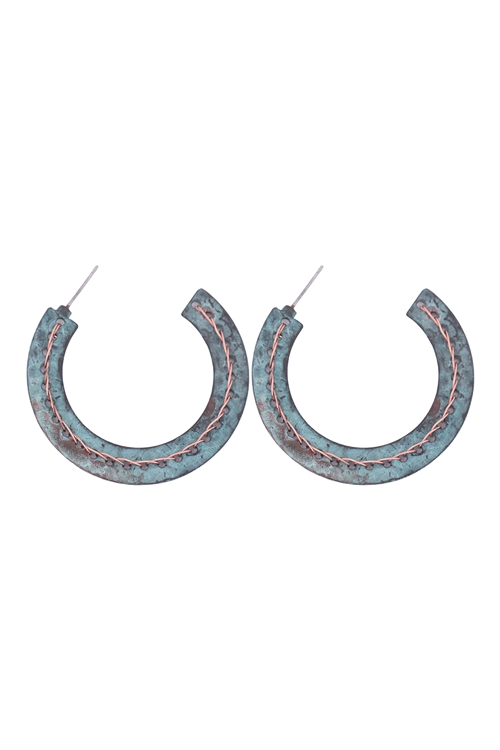 S4-5-2-ME3135PAT - STITCH HAMMERED HOOP EARRINGS -TURQUOISE/1PC