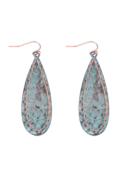 SA3-1-4-ME3137PAT - LONG TEARDROP STITCH HAMMERED HOOK EARRINGS - TURQUOISE/6PCS