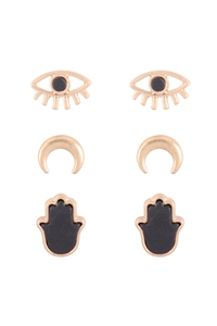 A2-1-2-ME3163JET - SEMI PRECIOUS EVIL EYE HAMSA 3 SET EARRINGS - BLACK/1PC