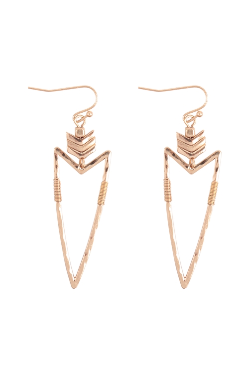 S1-6-3-ME3195WG - ARROWHEAD WIRE WRAPPED DROP  FISH HOOK EARRINGS-MATTE GOLD/1PC