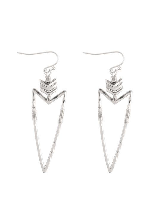 S1-6-3-ME3195WS - ARROWHEAD WIRE WRAPPED DROP  FISH HOOK EARRINGS-MATTE SILVER/1PC