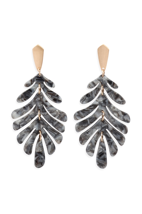 S24-1-4-ME4175GDDGRY - CAST RESIN LEAF DROP EARRINGS - DARK GRAY/6PCS