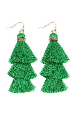 S22-10-4-ME4266WG-GRN -  THREE LAYERED THREAD TASSEL HOOK EARRINGS - GREEN/1PC