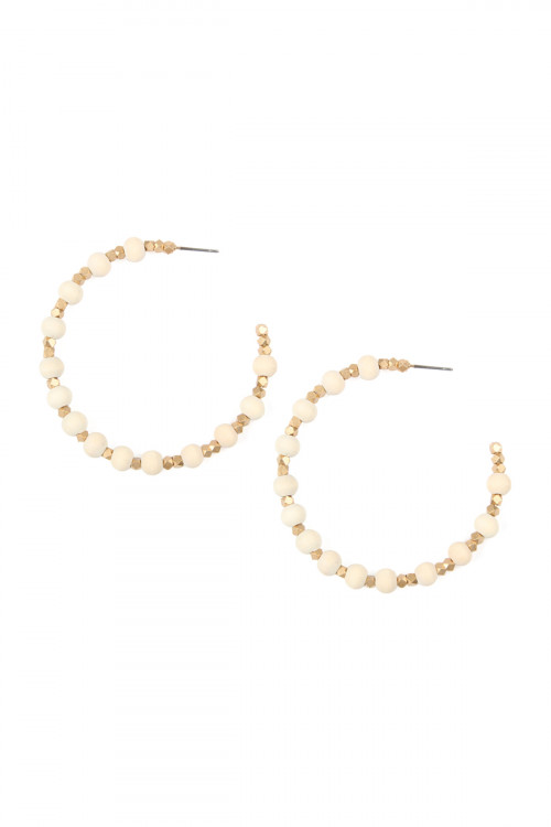 S4-6-2-ME4282WG-IVY IVORY WOOD AND BRASS BEADS POST HOOP EARRINGS/6PAIRS