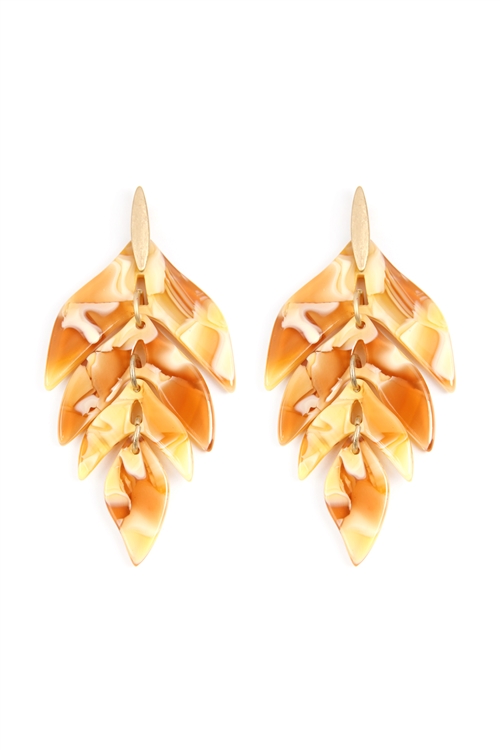 N-S22-9-2-ME4418XMST - LINKED RESIN LEAF SHAPE EARRINGS - MUSTARD /6PCS