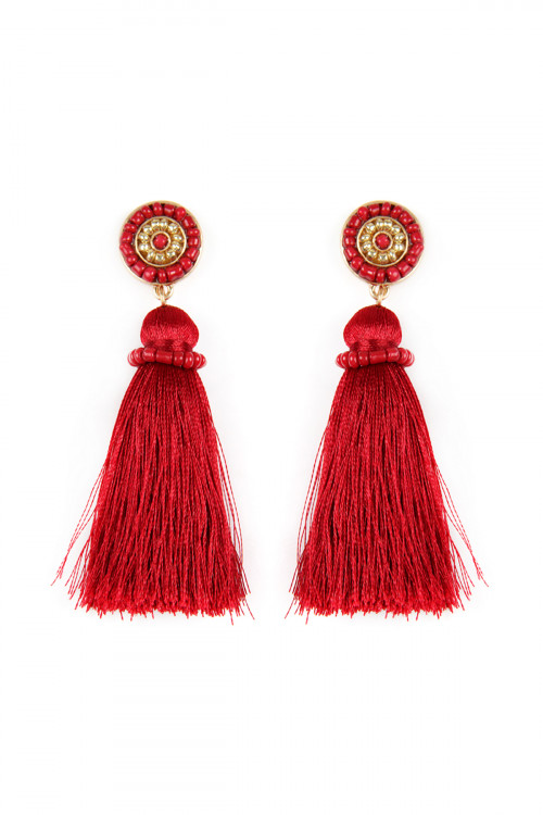 A1-2-4-ME4481WGBGD BURGUNDY CIRCLED SEED BEADS AND TASSEL EARRINGS/6PAIRS
