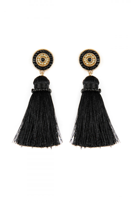 A1-1-3-ME4481WGBK BLACK CIRCLED SEED BEADS AND TASSEL EARRINGS/6PAIRS