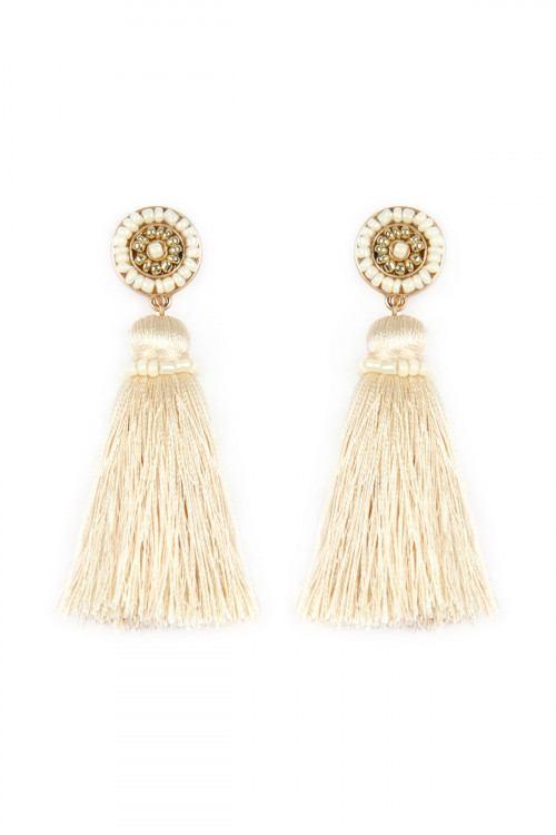 A1-3-4-ME4481GCRM CREAM CIRCLED SEED BEADS AND TASSEL EARRINGS/6PAIRS