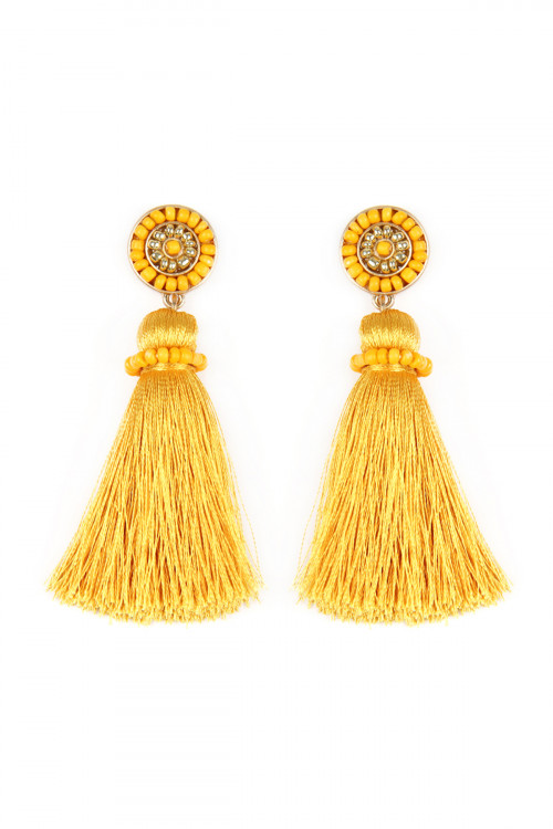 A1-2-3-ME4481WGMST MUSTARD CIRCLED SEED BEADS AND TASSEL EARRINGS/6PAIRS