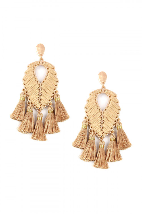 S22-5-1-ME4545WGBRW - LEAF SHAPE WITH FIVE THREAD TASSEL POST DANGLE EARRINGS - BROWN/6PCS