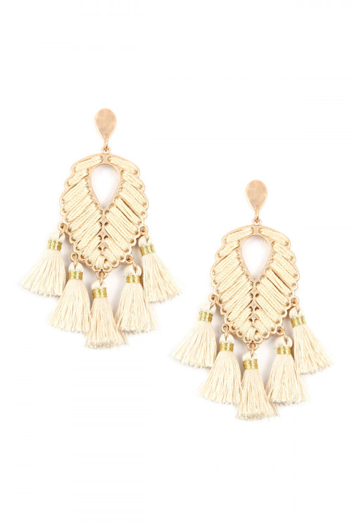 S22-5-1-ME4545WGCRM - LEAF SHAPE WITH FIVE THREAD TASSEL POST DANGLE EARRINGS - CREAM/6PCS