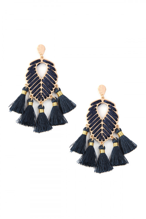 S22-5-1-ME4545WGNAV - LEAF SHAPE WITH FIVE THREAD TASSEL POST DANGLE EARRINGS - NAVY/6PCS