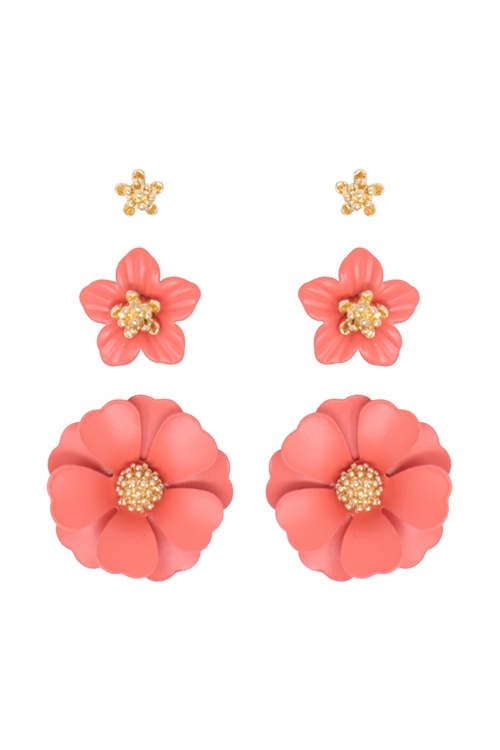 S1-1-4-ME4590GD-COR - 3 SET FLOWER POST EARRING - GOLD CORAL/6PCS