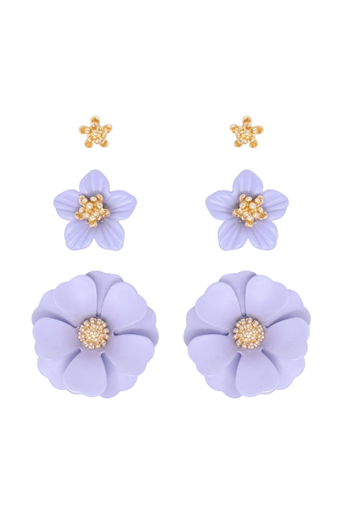 S1-2-3-ME4590GD-LVD - 3 SET FLOWER POST EARRING - GOLD LAVENDER/6PCS