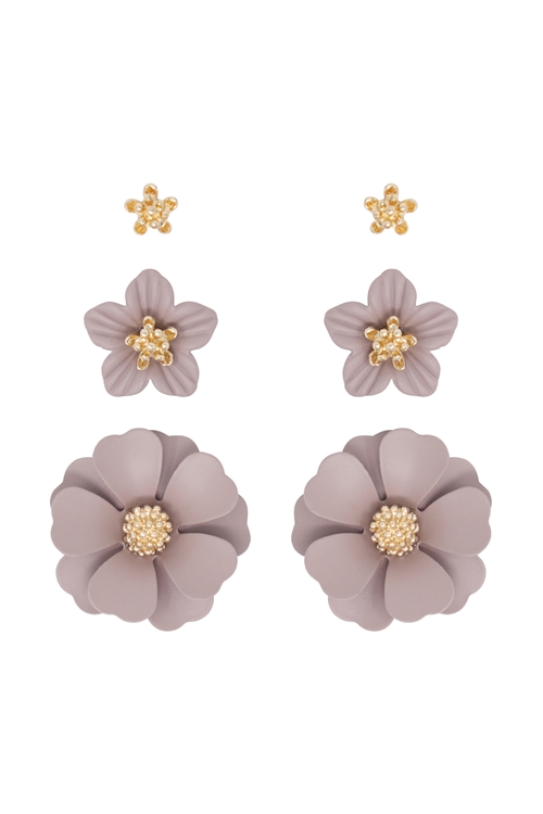 S1-1-4-ME4590GD-TAU - 3 SET FLOWER POST EARRING - GOLD TAUPE/6PCS