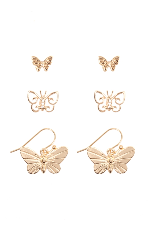 S7-4-5-ME4637GD - BUTTERFLY 3 SET EARRINGS - GOLD/6PCS