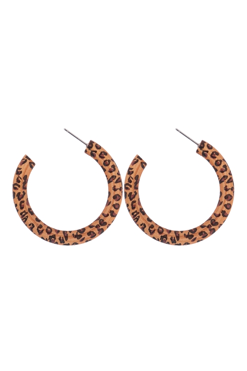 S6-5-5-ME4643LBR-LEO - LEOPARD PRINT WOOD HOOP EARRINGS - LIGHT BROWN/6PCS