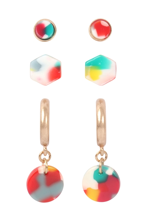 S24-1-4-ME4713WG-M2-3 SET ACETATE HOOP POST STUD EARRINGS-MATTE GOLD MULTICOLOR 2/6PCS