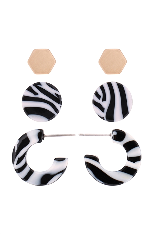 S22-11-5-ME4714GD-BW - ACETATE 3 SET EARRINGS-ZEBRA/6PAIRS