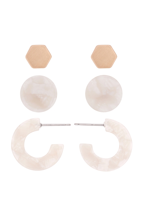 S22-11-5-ME4714GD-IVY - ACETATE 3 SET EARRINGS-IVORY/6PAIRS