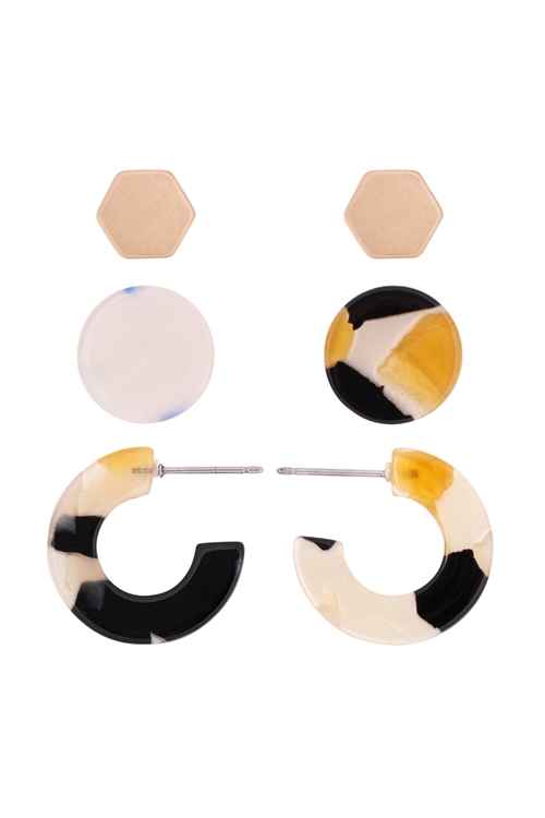 S22-11-5-ME4714GD-M1 - ACETATE 3 SET EARRINGS-MULTICOLOR 1/6PAIRS