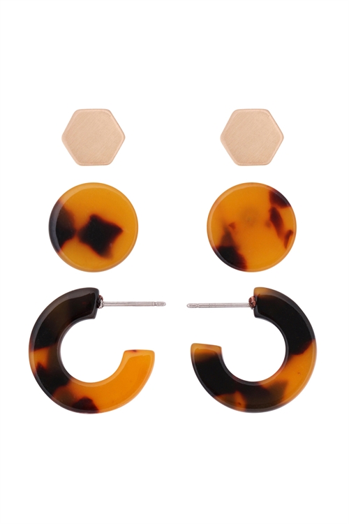 S22-11-5-ME4714GD-TOR - ACETATE 3 SET EARRINGS-TORTOISE BROWN/6PAIRS