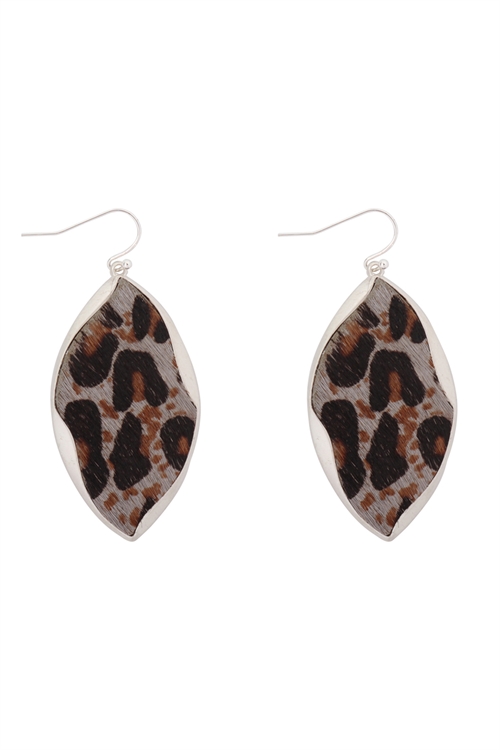 S22-11-5-ME4723SV-GLEO - ANIMAL PRINT WRAP GENUINE LEATHER EARRINGS-SILVER LEOPARD/6PAIRS