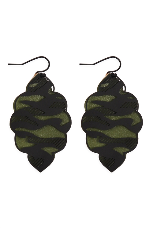 S25-3-1-ME4727BK-GRN BLACK GREEN CAMOUFLAGE MARQUISE LAYERED HOOK EARRINGS/6PAIRS