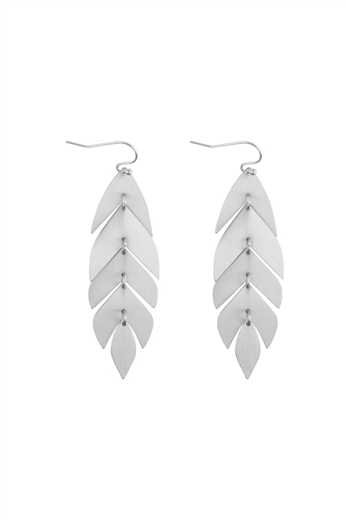 A3-1-2-ME4778SV - SATIN FEATHER LEAF DROP EARRINGS - SILVER/6PCS