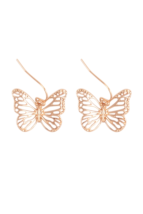 S6-4-1-ME4848GD - BUTTERFLY FILIGREE DANGLE FISH HOOK EARRINGS - GOLD/6PCS