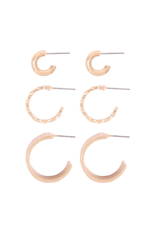 A2-3-2-ME4905WG - 3 SET HOOP TEXTURED EDGY FLAT EARRINGS - MATTE GOLD/6PCS