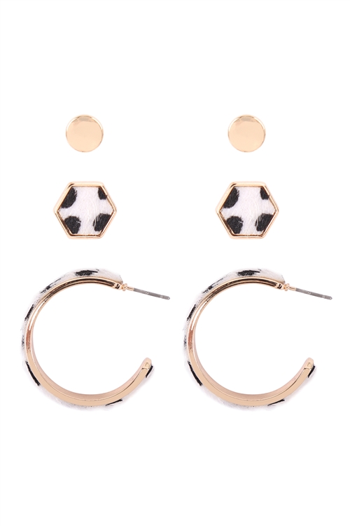 A3-3-5-ME4948DAL - DALMATIAN PRINT LEATHER STUD HEXAGON HOOP 3 SET EARRINGS/6PCS