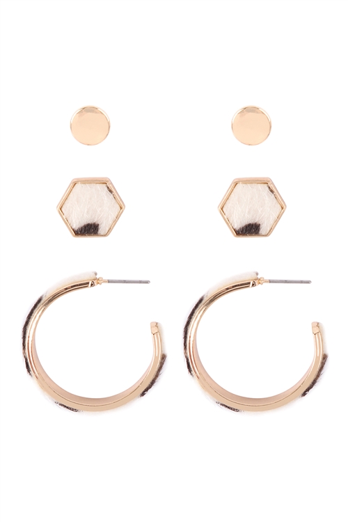 A3-3-5-ME4948WLEO - WHITE LEOPARD PRINT LEATHER STUD HEXAGON HOOP 3 SET EARRINGS/6PCS