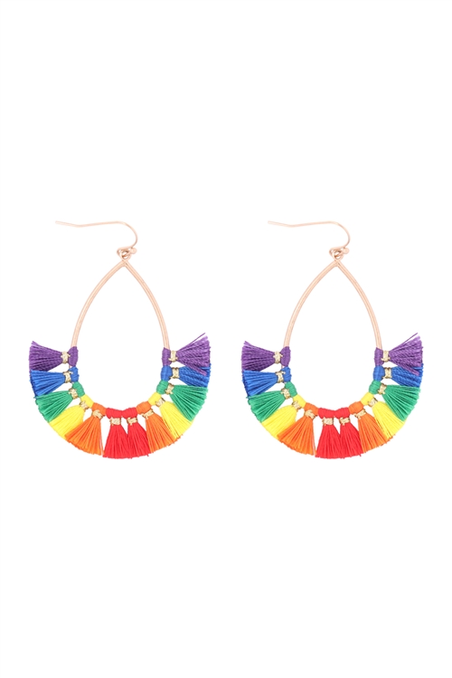 S7-4-3-ME4978RMLT - TEARDROP TASSEL FRINGE FISH HOOK EARRINGS - MULTICIOLOR/6PCS