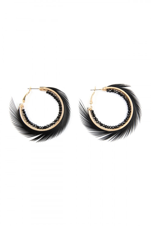 A1-2-4-AME7432BLK BLACK FINE FRINGED WITH RONDELLE BEADS HOOP EARRINGS/1PAIR