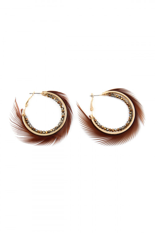 A1-2-3-ME7432BRW BROWN FINE FRINGED WITH RONDELLE BEADS HOOP EARRINGS/1PAIR