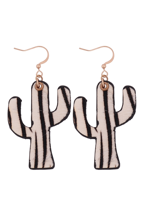 S1-6-1-ME7748Z-WHT-GENUINE LEATHER ANIMAL PRINT CACTUS DROP HOOK EARRINGS-ZEBRA WHITE/6PCS