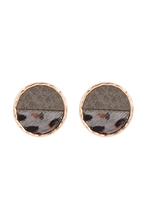 S21-11-5-ME8660L-GRY- ANIMAL PRINT TWO TONE ROUND POST EARRING-LEOPARD GRAY/6PCS