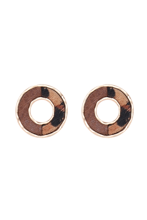 S21-12-5-ME8661L-BRW- DONUT TWO TONE ANIMAL PRINT POST EARRINGS-LEOPARD BROWN/6PCS