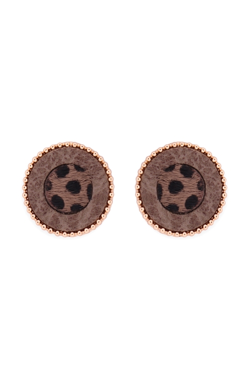 S21-12-5-ME8662CH-GRY- ANIMAL PRINT LEATHER ROUND TWO TONE POST EARRINGS-CHEETAH BROWN/6PCS