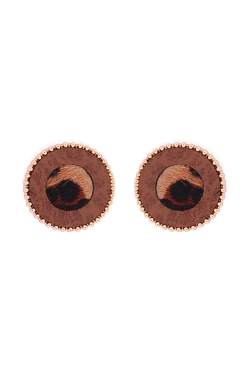 S21-12-5-ME8662L-BRW- ANIMAL PRINT LEATHER ROUND TWO TONE POST EARRINGS-LEOPARD BROWN/6PCS