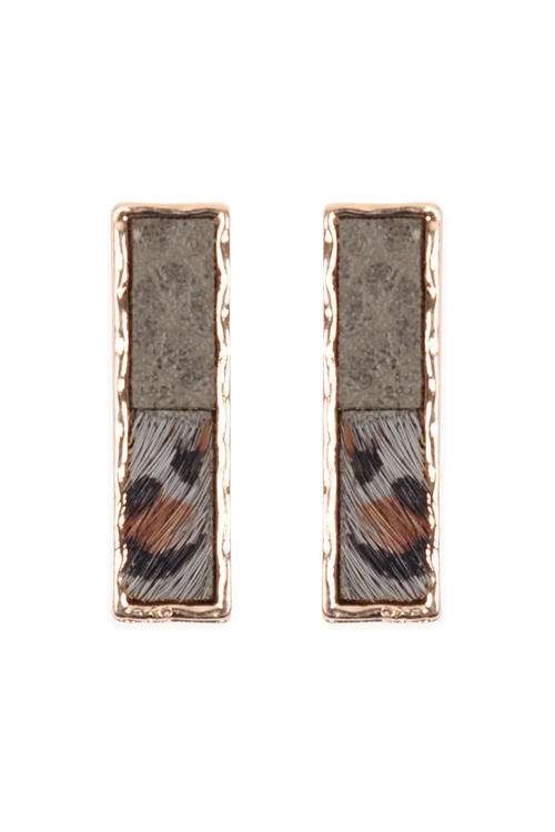 S5-6-2-ME8664L-GRY- BAR TWO TONE ANIMAL PRINT POST EARRINGS- LEOPARD GRAY/1PC