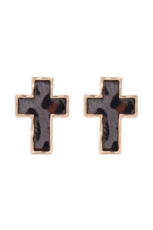 S22-12-5-ME8666L-GRY-CROSS  ANIMAL PRINT POST EARRINGS-LEOPARD GRAY/1PC