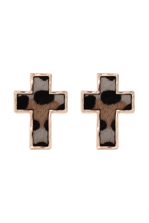 S5-6-3-ME8666L-WHT-CROSS ANIMAL PRINT POST EARRINGS-LEOPARD WHITE/1PC