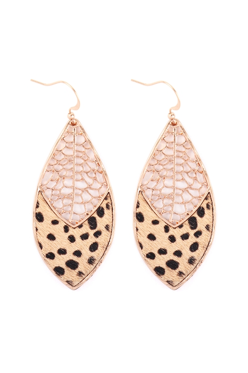 SA4-2-3-ME8850CH-BRW - GENUINE LEATHER PRINT LEAF FILIGREE DROP FISH HOOK EARRINGS-CHEETAH BROWN/6PCS